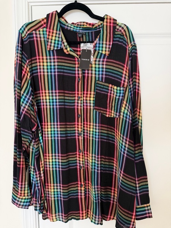 torrid Tops - NWT Torrid Black Multicolor Rainbow Plaid Button-Up Shirt